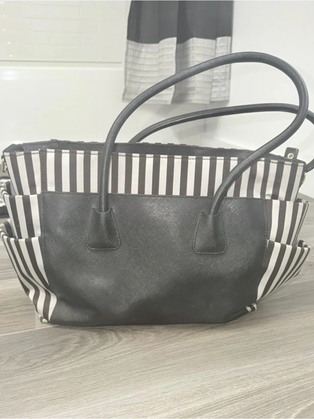 henri bendel Black & White Striped Tote with Gold Accents